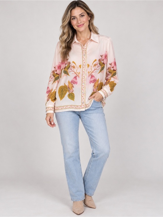 Rose & Olive Tops - Rose & Olive Pink Floral Button-Down Blouse with Yellow Leaf Motif